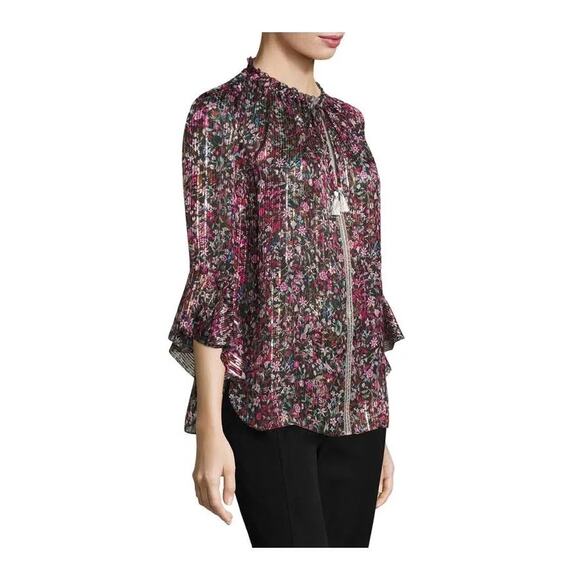 Elie Tahari Venisia Multicolor Silk Metallic Floral Pleated Plisse Blouse Top XS - Picture 3 of 8